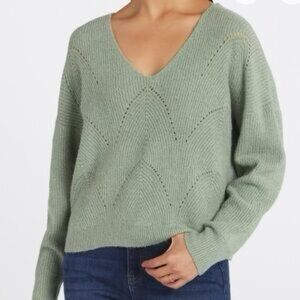 Pinque from Stitch Fix Dareen Lattice Back Pointelle Sweater Olive